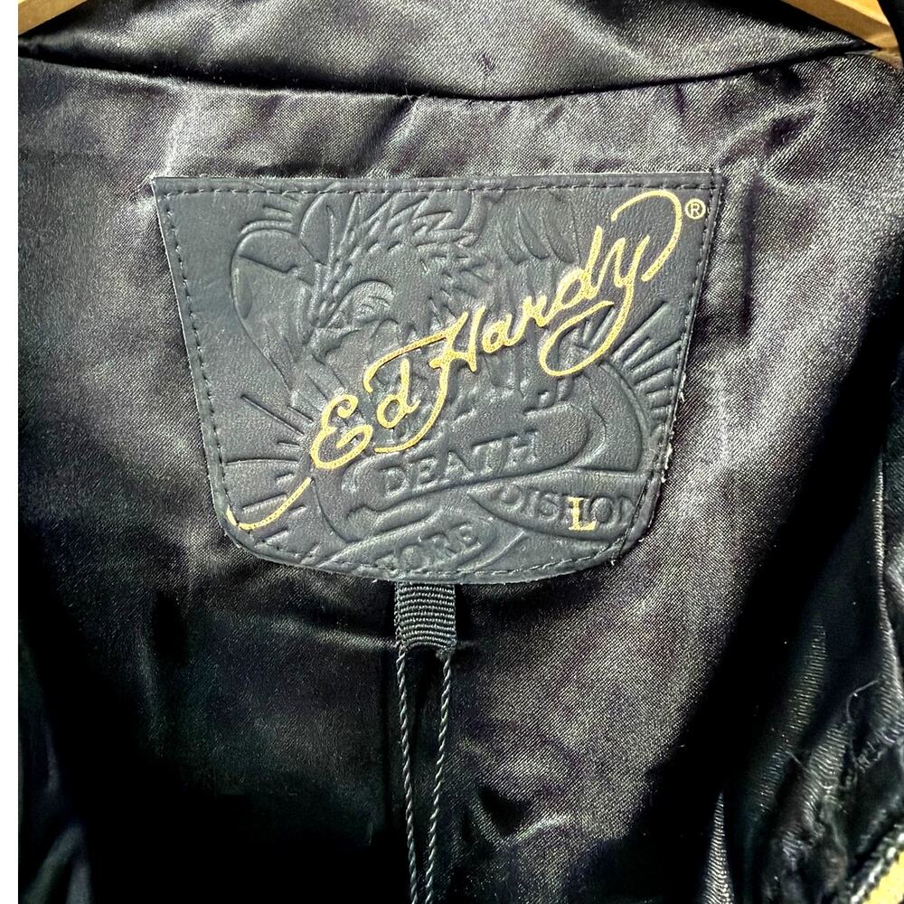 NWT Ed Hardy Black Satin Bomber Jacket Y2K Vintage - Picture 5 of 8